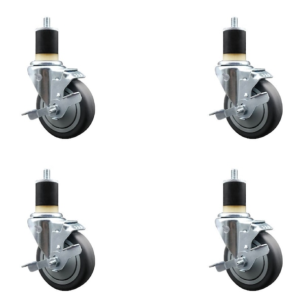 4'' Thermoplastic Rubber Swivel 1-7/8'' Expanding Stem Caster Set with Brake, 4PK